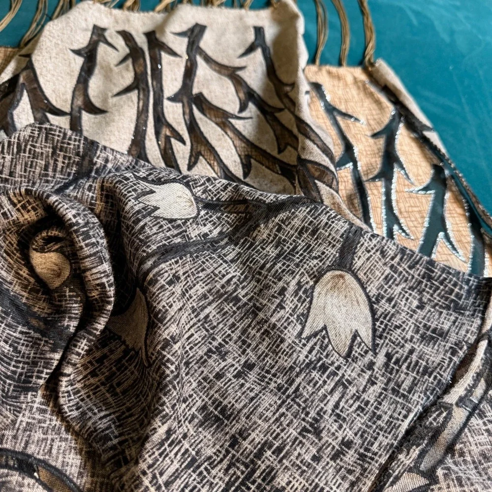 Elegant Floral Scarf Shawl Beige Brown Black Tassel Accent Statement Accessory‎
